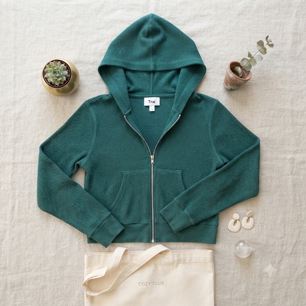 Tna Aritzia Waffle Knit Full Zip Hoodie Dark Green Cropped Thermal Sweater Small